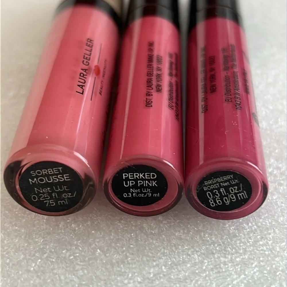 LOT OF 3 Laura Geller Lip Gloss / Perked up Pink Raspberry Roast / Sorbet Mousse